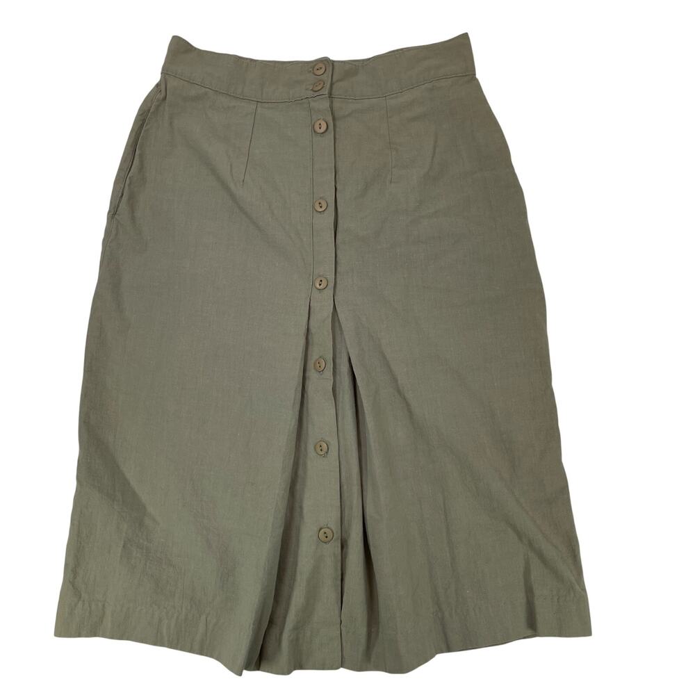 Vintage 100% Cotton Button Front Midi Skirt Khaki Green 14 Women’s 90s Earthy